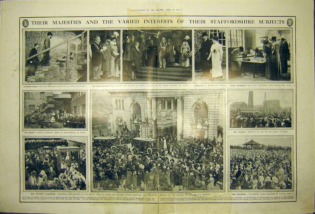 Old Antique Print Staffordshire Potteries King Queen Stoke Copelands 1913 20th