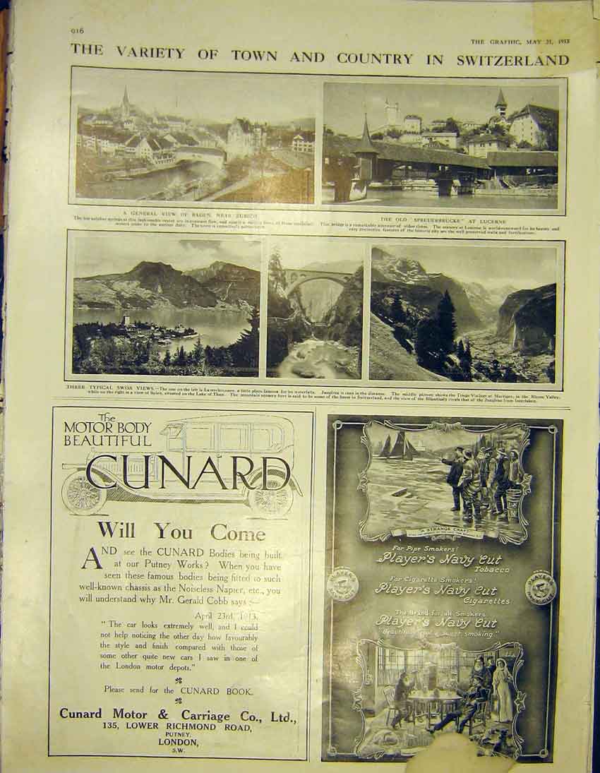 Original Old Antique Print Switzerland Zurich Lucerne Cunard Motor Players 1913