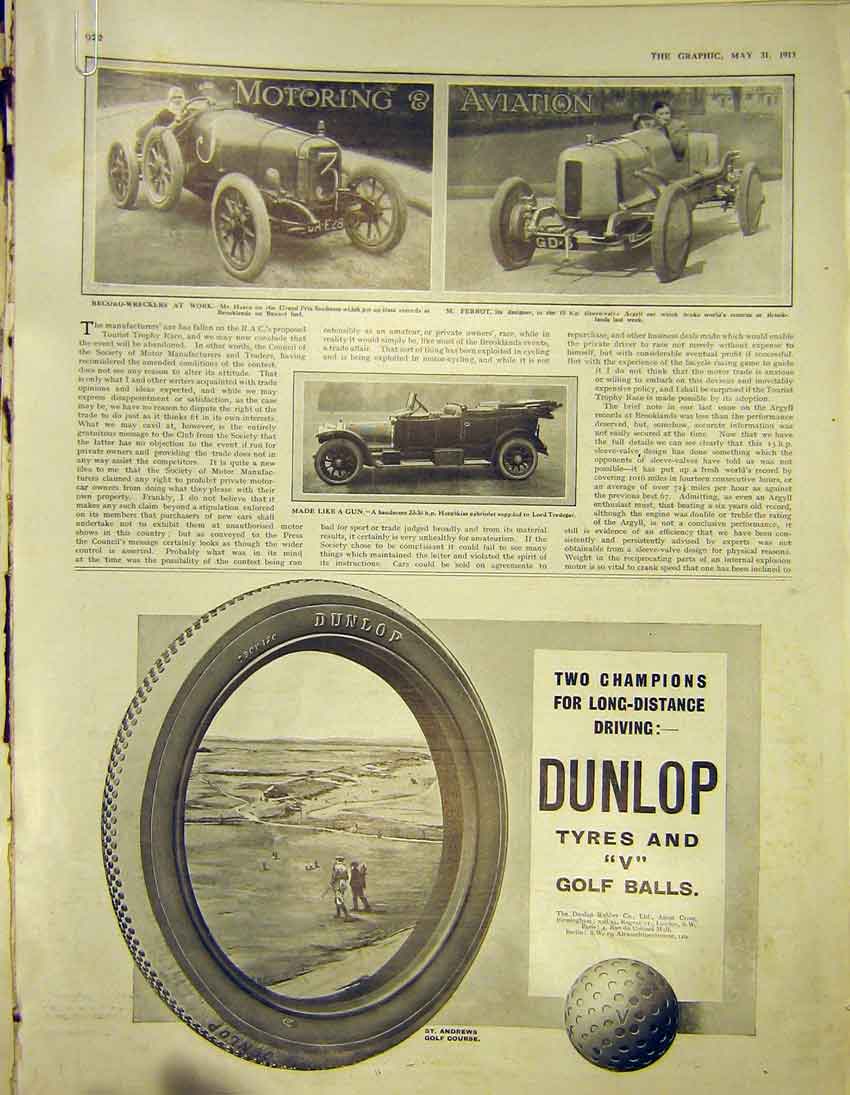 Original Old Antique Print Advert Dunlop Tyres Sunbeam Argyll Robinsons 1913