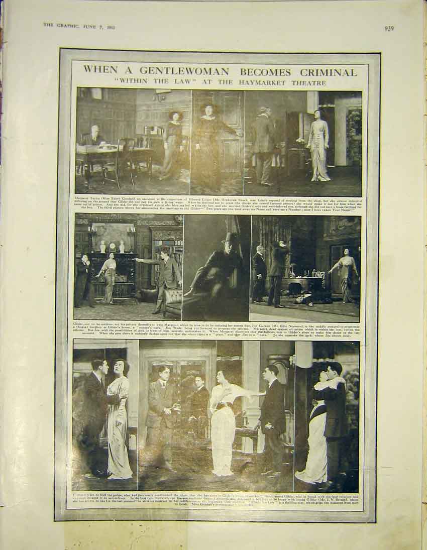 Original Old Antique Print Gentlewoman Criminal Theatre Haymarket 1913 20th