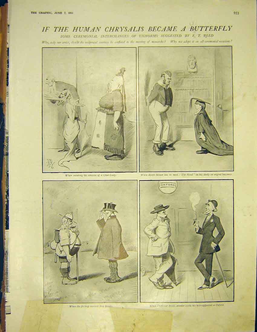 Original Old Antique Print Human Chrysalis Butterfly Sketches Uniforms Reed 1913