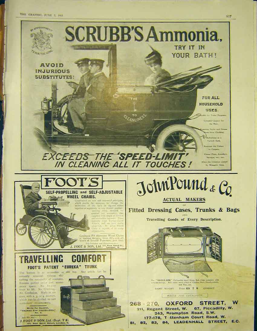 Old Antique Print Advert Scrubbs Ammonia Motor-Car Wheel-Chair Trunk Case