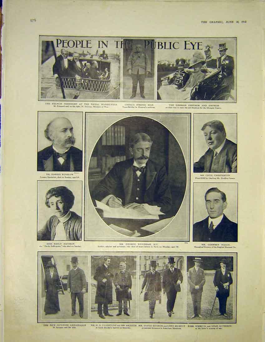 Old Antique Print People Portrait Wyndham Isaacs Poincare Gladstone 1913 20th