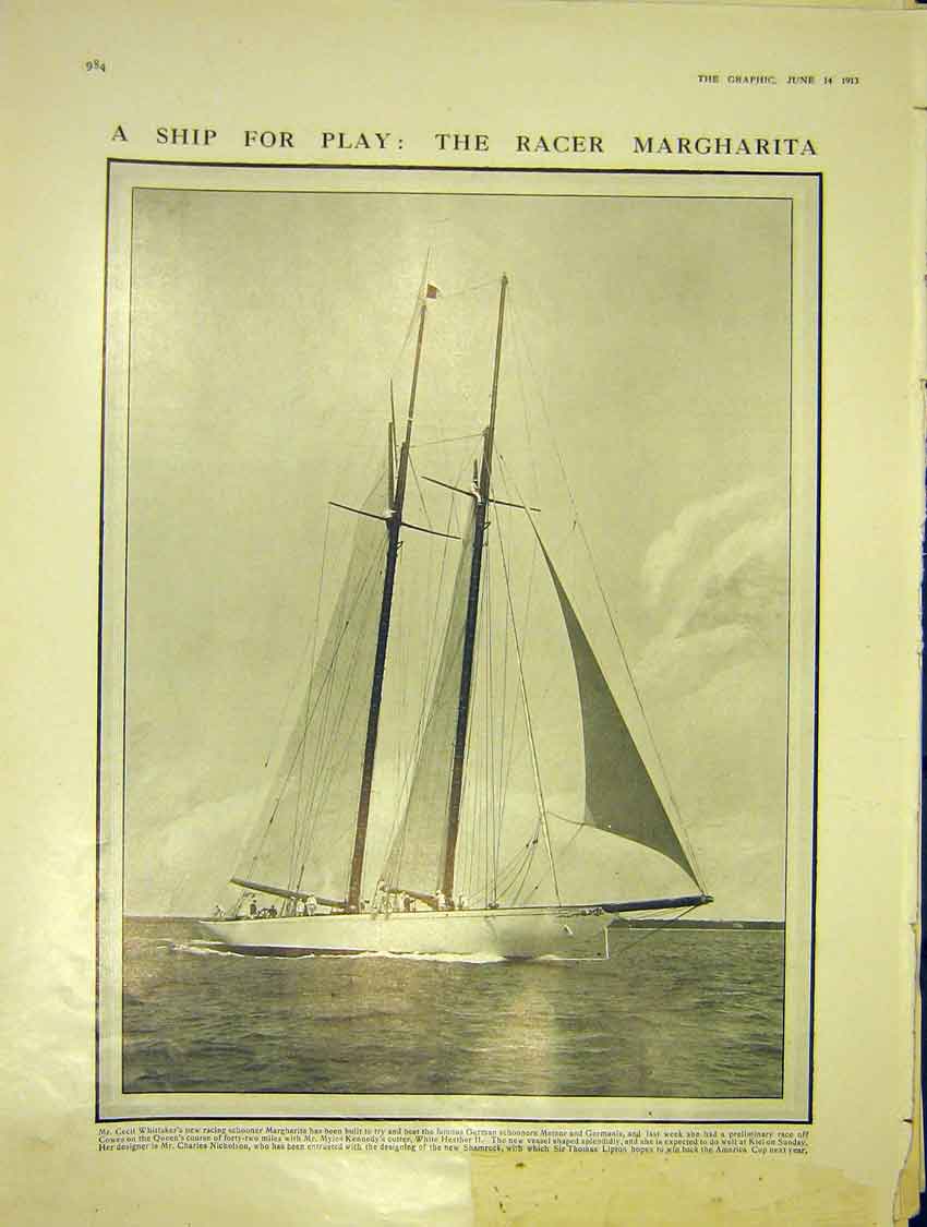 Original Old Antique Print Ship Racer Margharita Whittaker Schooner German 1913