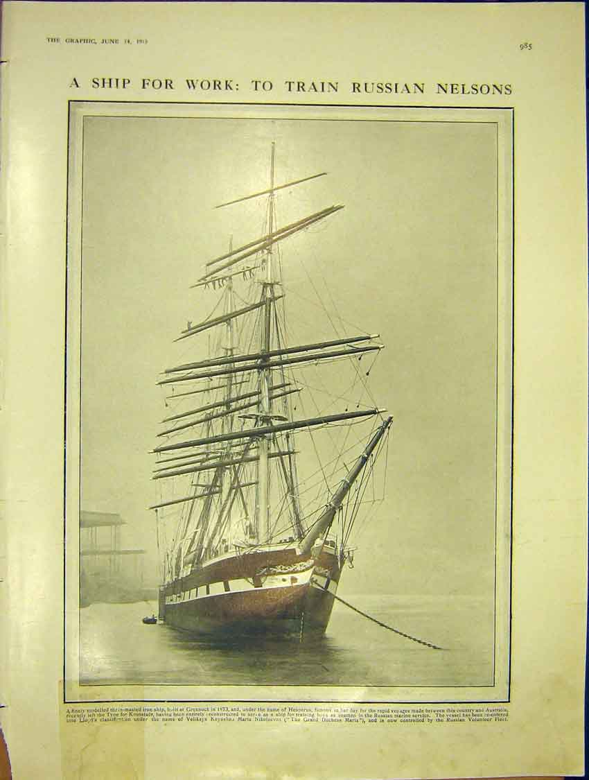 Original Old Antique Print Train Russian Nelson Ship Heperus Greenock Fleet 1913