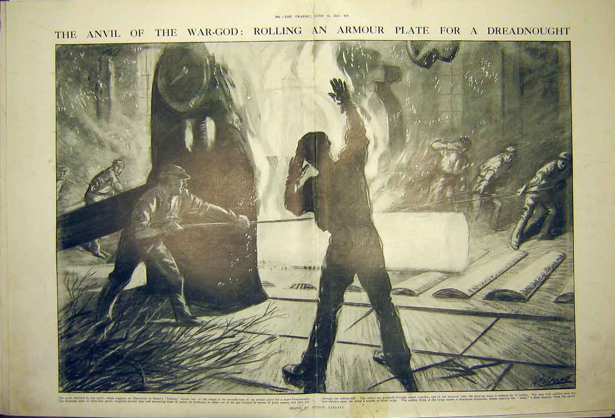 Original Old Antique Print Anvil War-God Armour Plate Dreadnought Garratt 1913