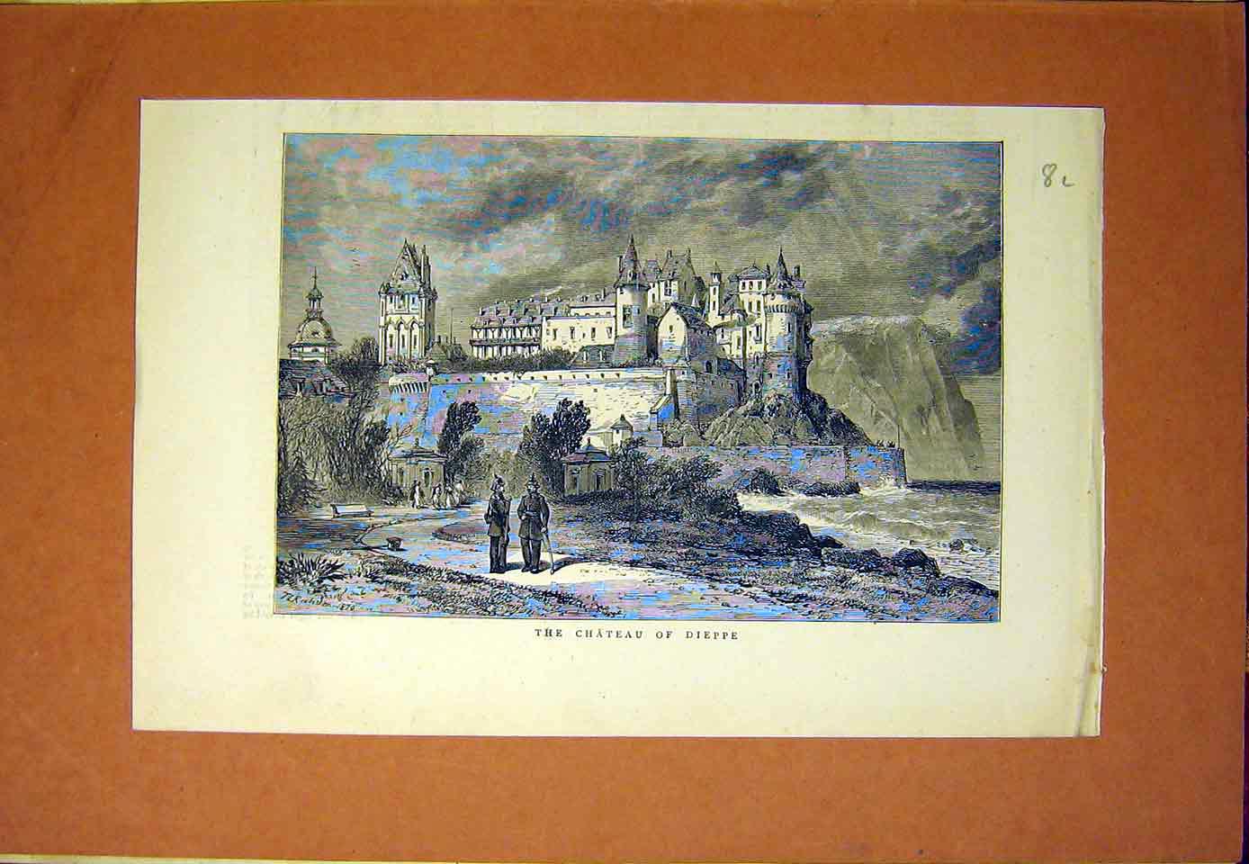 Original Old Antique Print Chateau Dieppe Castle France 1870 19th