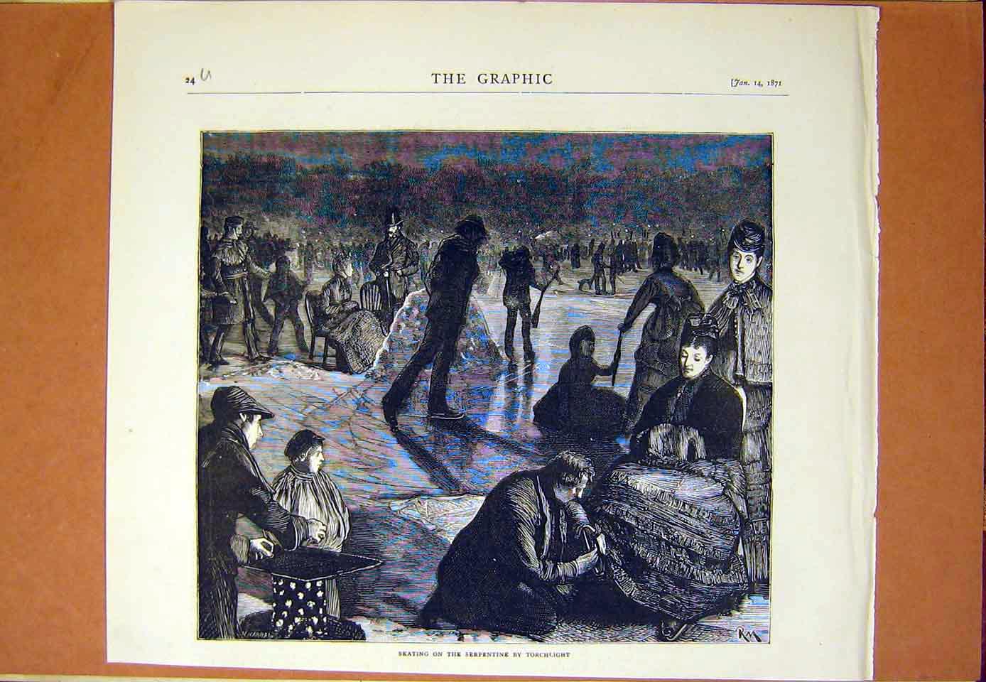 Original Old Antique Print Skating Serpentine Torchlight London 1870 Victorian