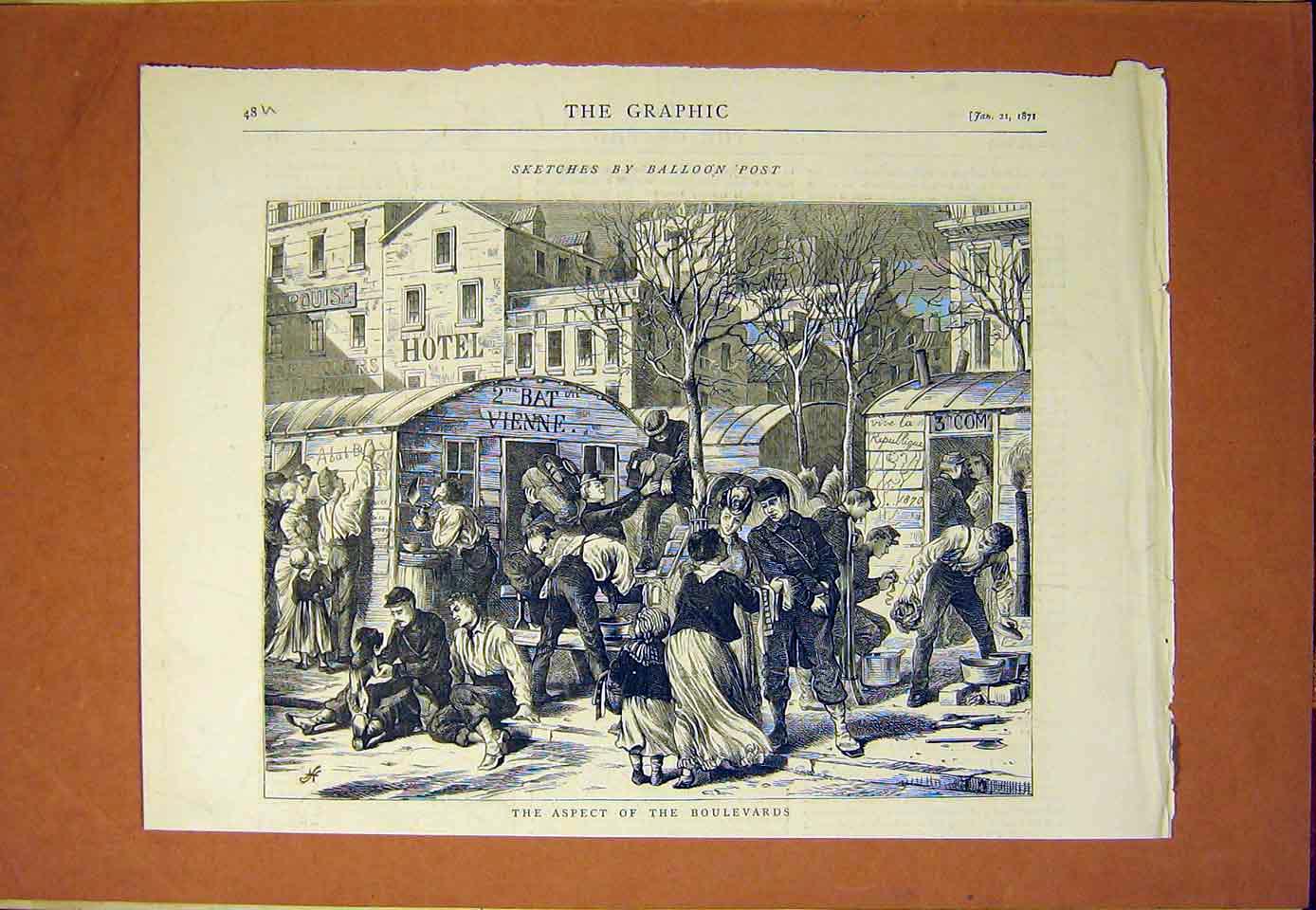 Original Old Antique Print Aspect Boulevards Paris France 1870 19th