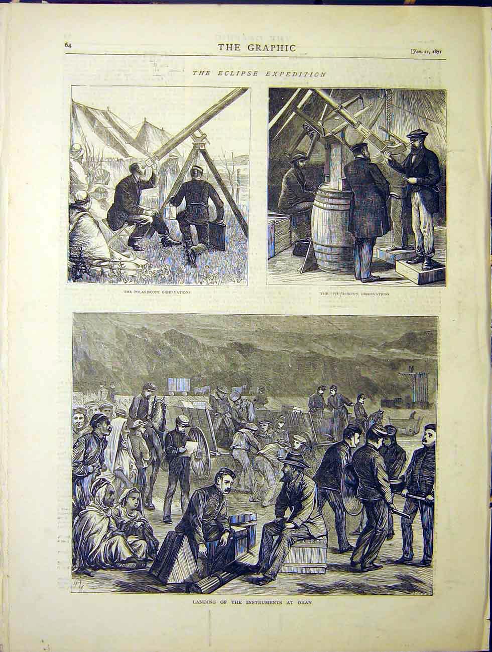 Original Old Antique Print Oran Instruments Polariscope Pectroscope Eclipse 1870
