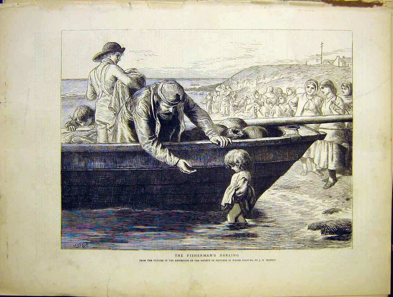 Original Old Antique Print Fisherman'S Darling Watson Child Boat Fine Art 1870