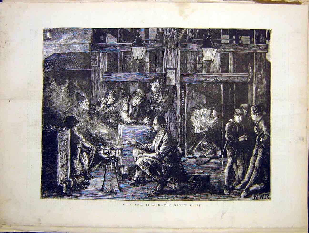 Original Old Antique Print Pits Pitmen Shifts Mine Miners 1870 19th