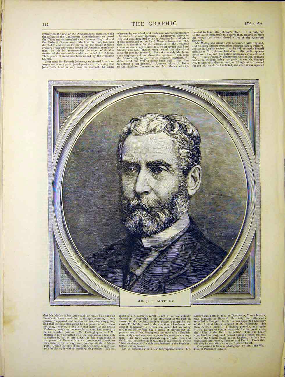 Original Old Antique Print Portrait Motley 1870 19th Century