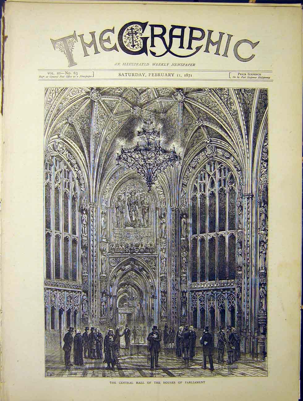 Original Old Antique Print Central Hall Houses Parliament London 1870 Victorian