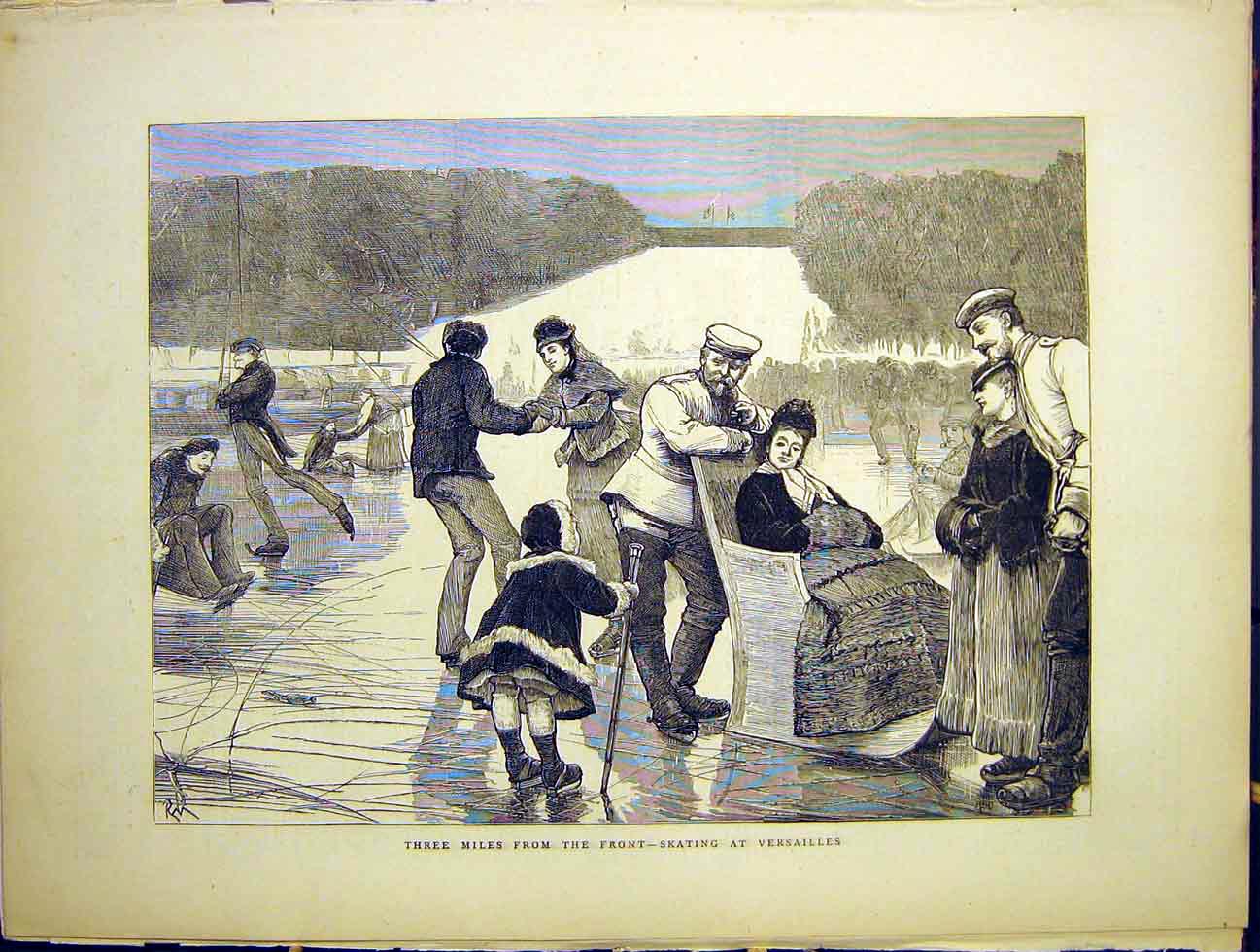 Original Old Antique Print Skating Versailles Three Mile Front War 1870 19th
