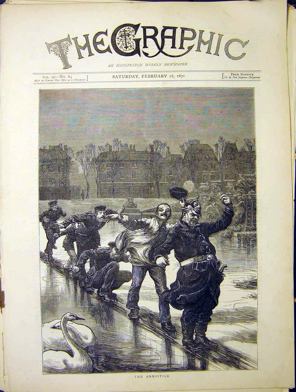 Original Old Antique Print Armstice Skating Ice Swans 1870 19th