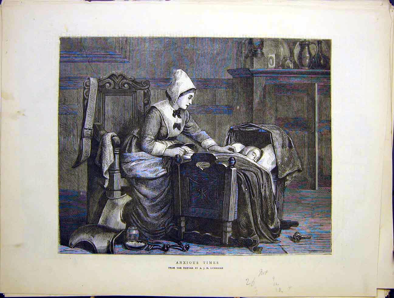 Original Old Antique Print Anxious Times Luxmoore Fine Art 1870 Baby Cot Lady