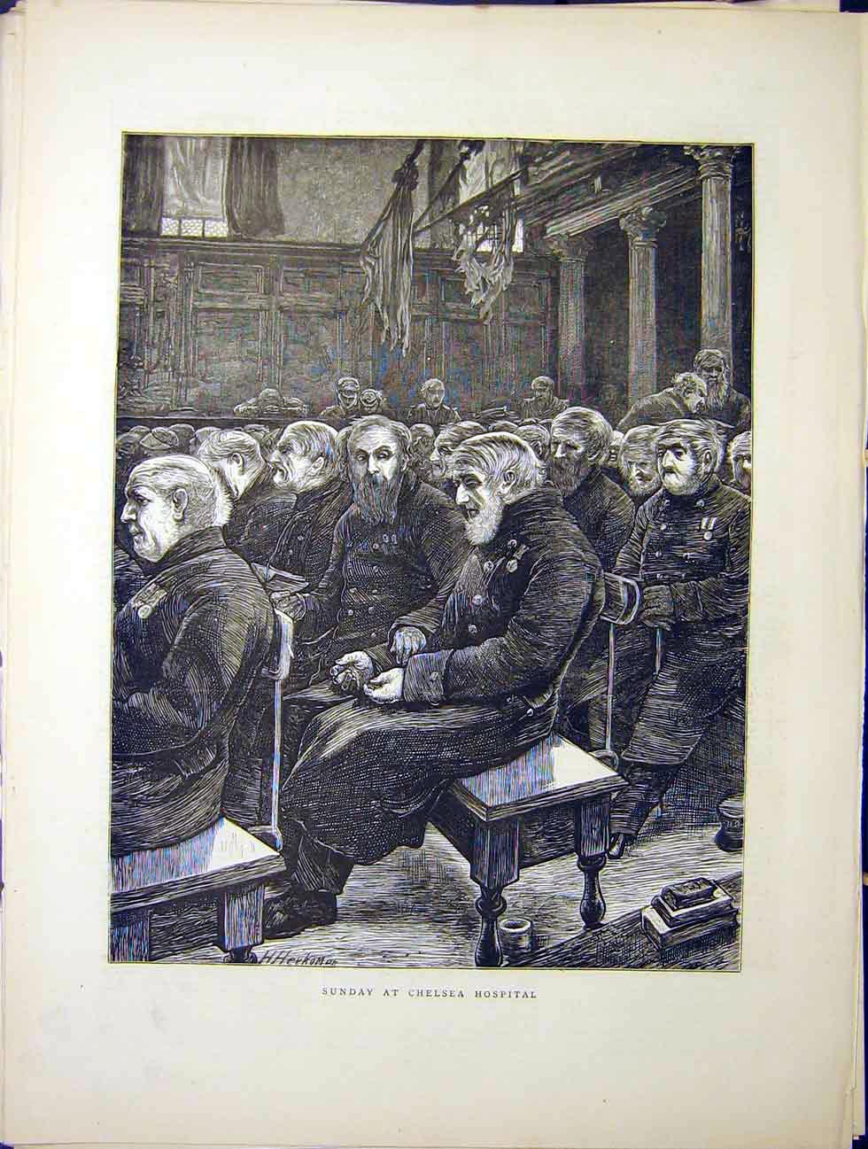 Original Old Antique Print Sunday Chelsea Hospital Patients 1870 19th