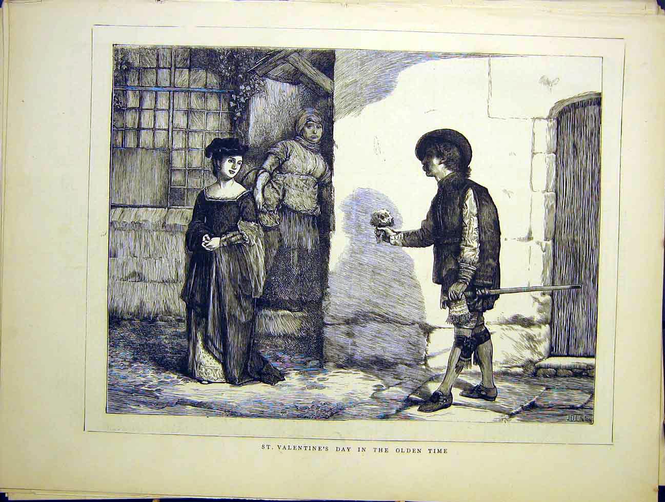 Original Old Antique Print St Valentine'S Day en Time Sketch Fine Art 1870 19th