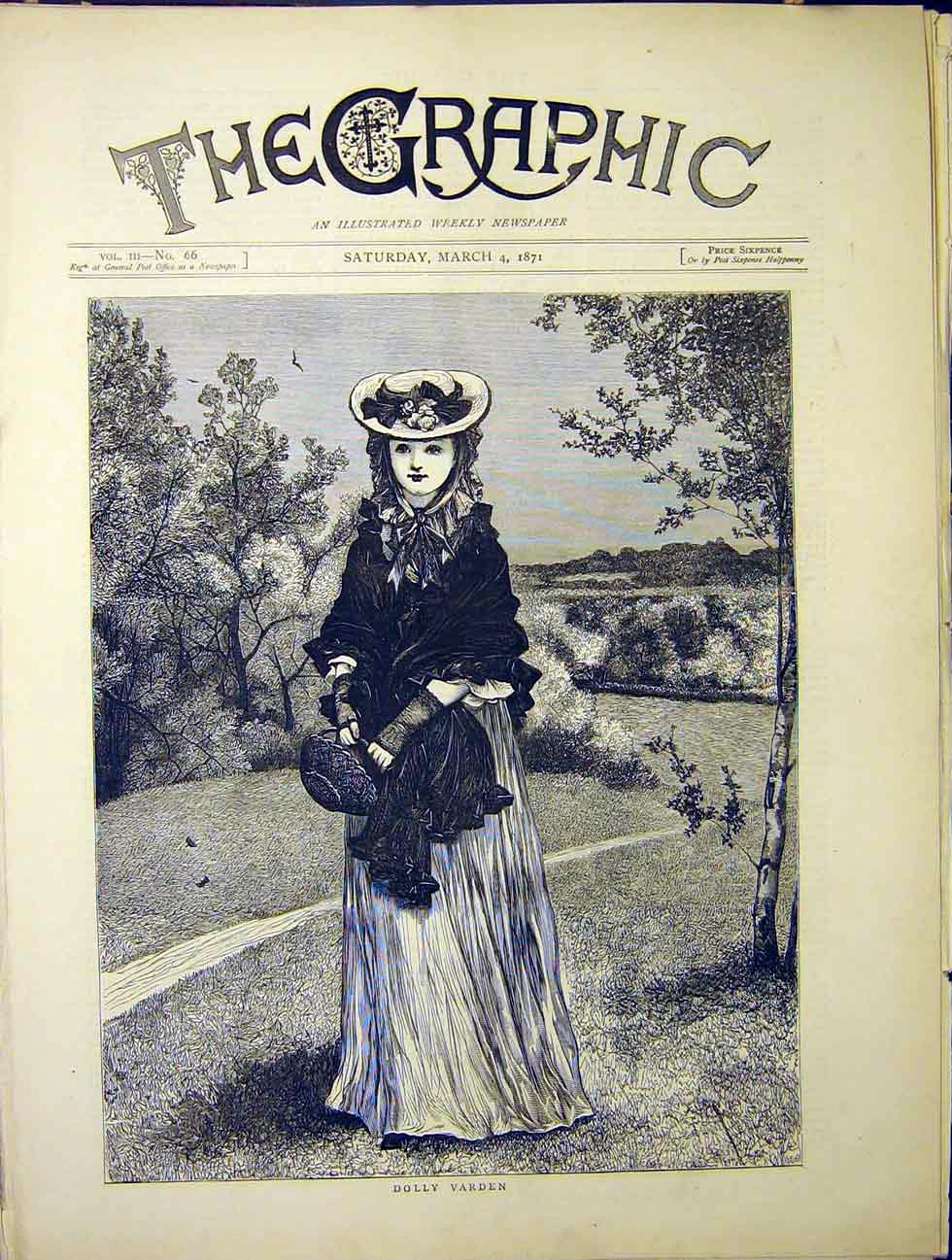 Original Old Antique Print Dolly Varden Lady Portrait 1870 19th