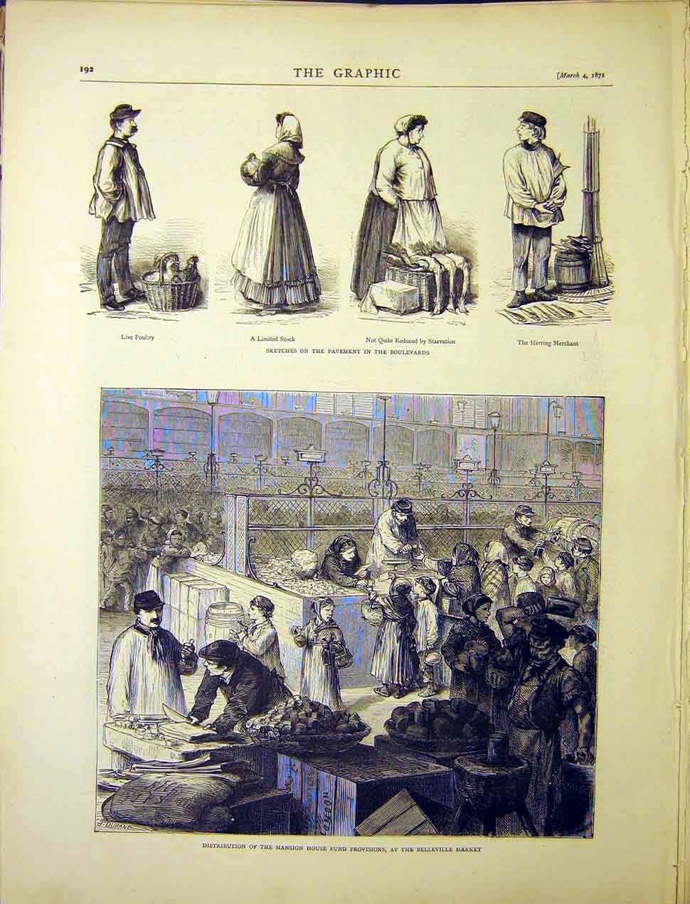 Old Antique Print Sketches Boulevard Paris France Belleville Market 1870 19th