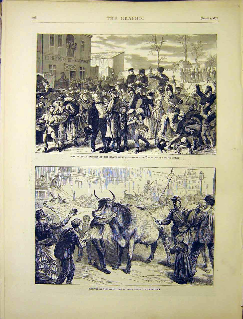 Original Old Antique Print Prussian Barrier Montrouge Oxen Paris Armstice 1870