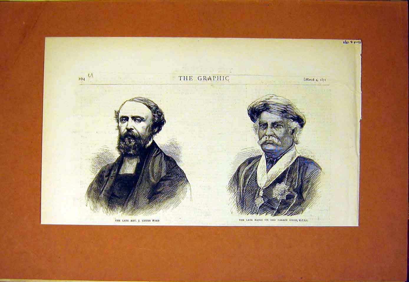 Original Old Antique Print Portrait Chubb Ford Rajah Narain Singh 1870 19th