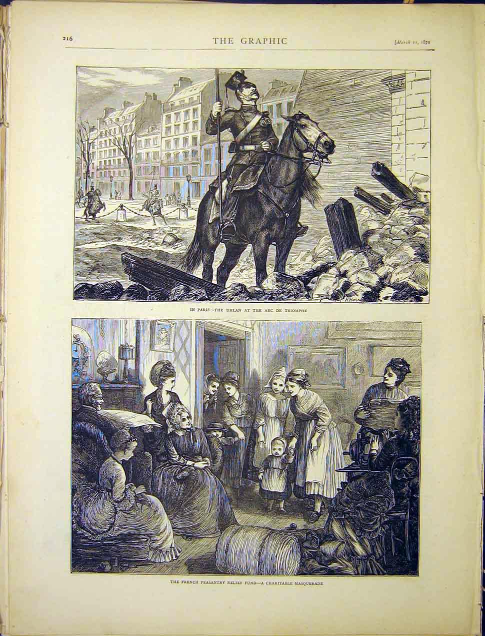Original Old Antique Print Paris Uhlan Arc Triomphe French Peasants Relief 1870
