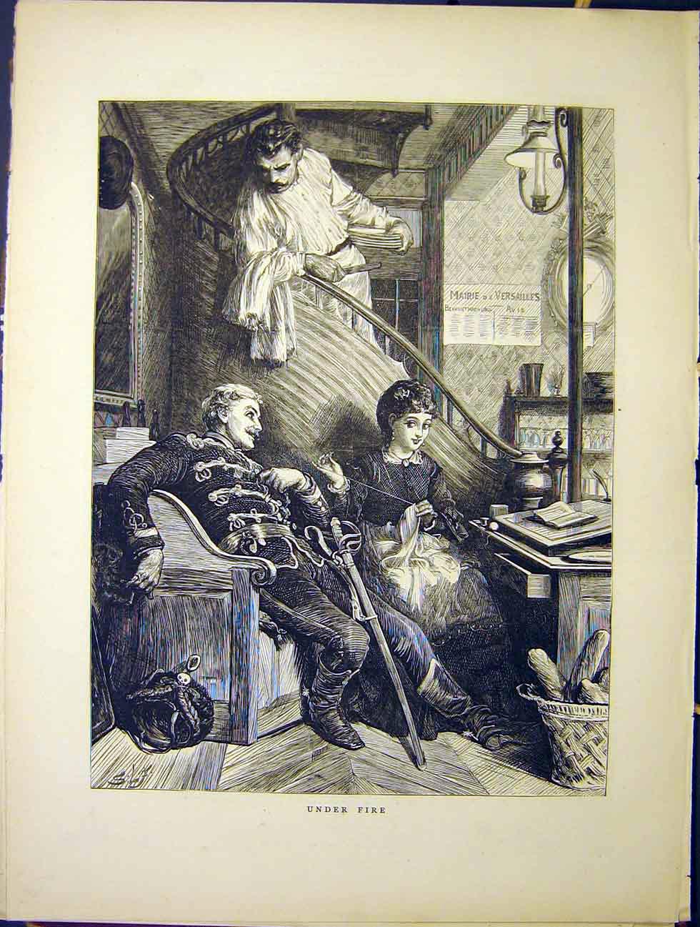 Original Old Antique Print Paris Lady Men Under Fire Needlework 1870 Victorian