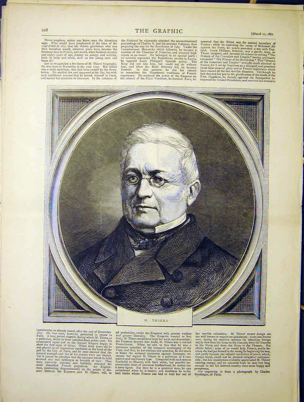 Original Old Antique Print Portrait Thiers Politician 1870 19th