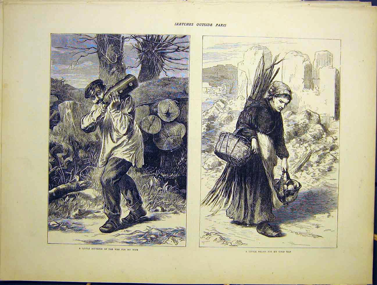 Original Old Antique Print Sketches Paris Souvenir War Shell Relish 1870 19th