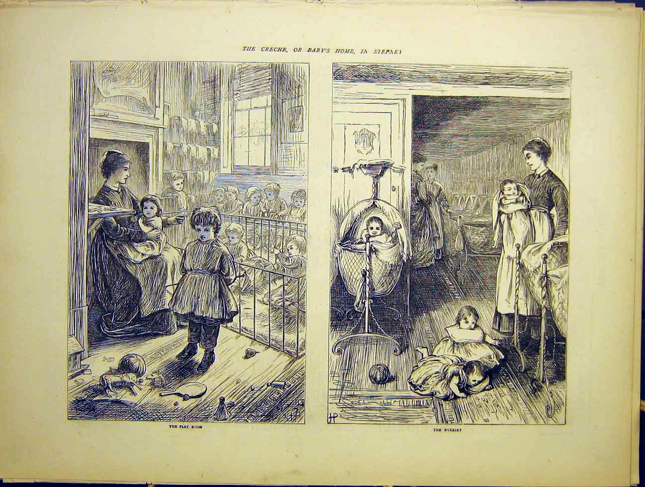 Original Old Antique Print Creche Baby Home Stephney Nursery Play Room 1870 19th