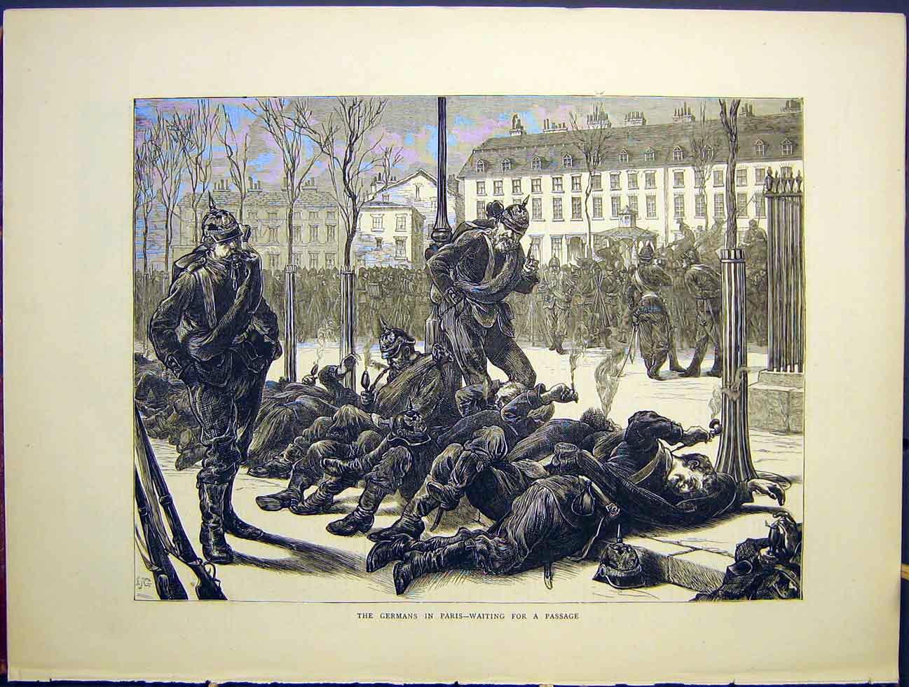 Original Old Antique Print Germans Paris Waiting Passage Troops 1870 Victorian
