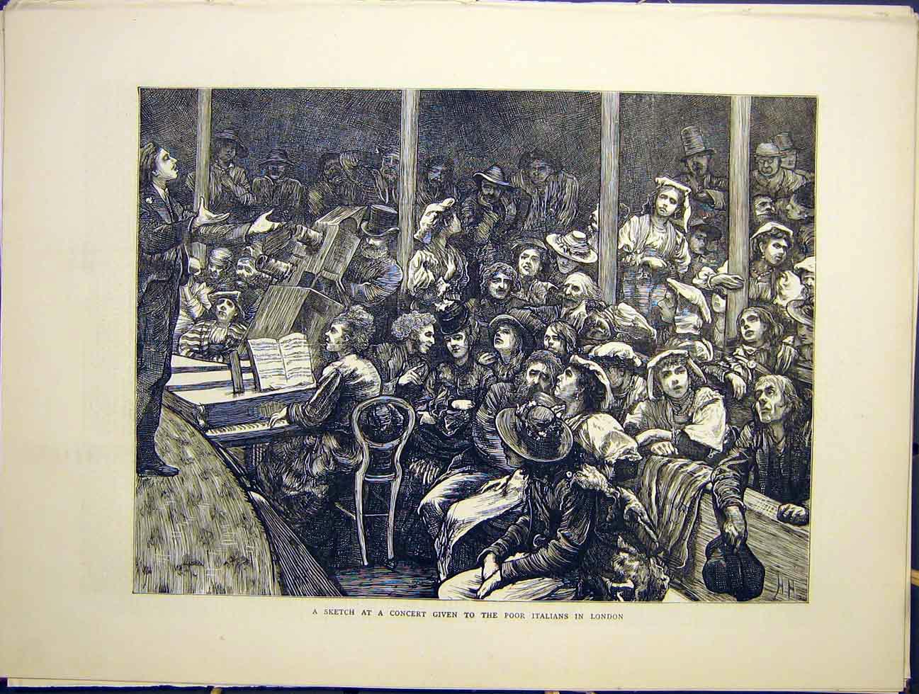 Original Old Antique Print Sketch Concert London Poor Italians 1870 Victorian