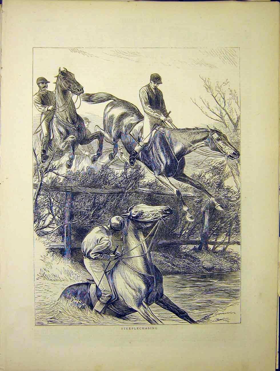 Original Old Antique Print Steeplechasing Horses Sketch 1870 19th
