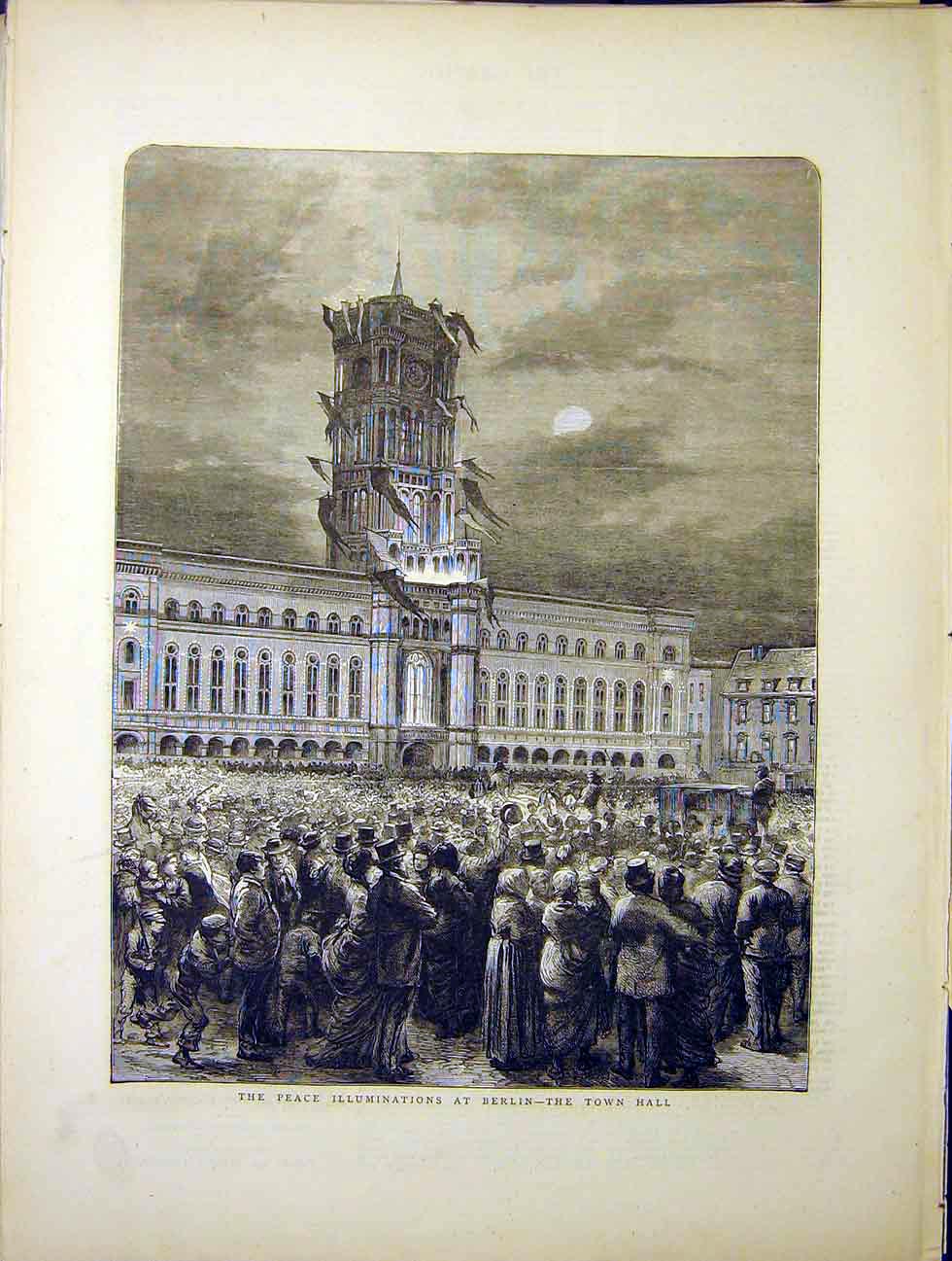 Original Old Antique Print Peace Illuminatinos Berlin Town Hall Germany 1870