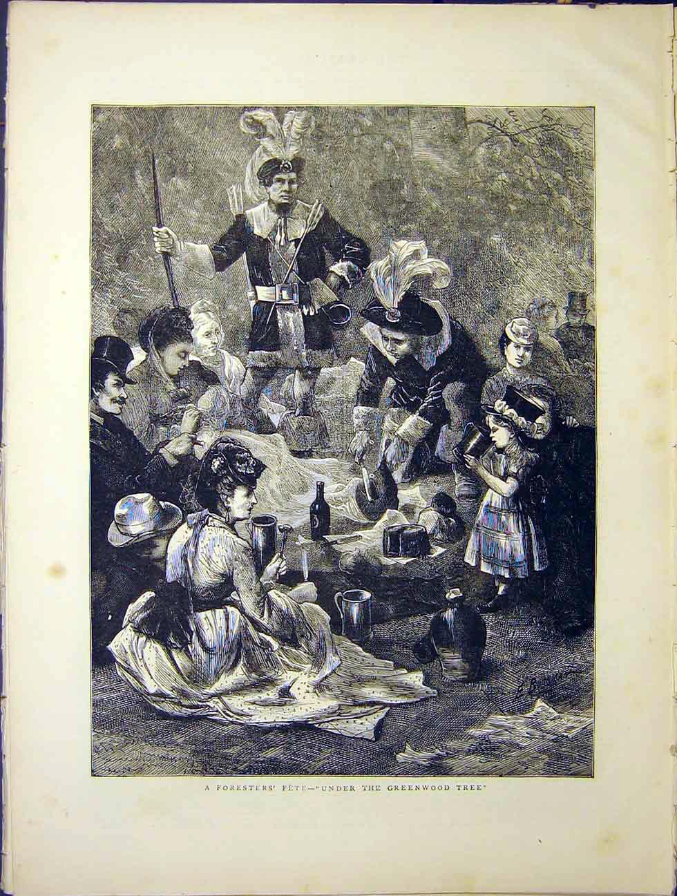 Original Old Antique Print Foresters Fete Greenwood Tree Picnic 1870 Victorian