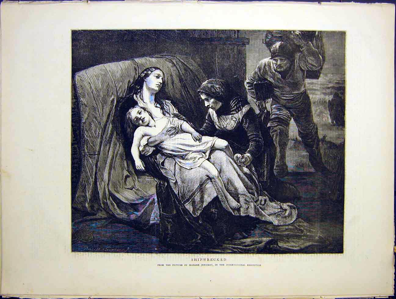 Original Old Antique Print Shipwrecked Jerichau Exhibition Fine Art 1870 19th