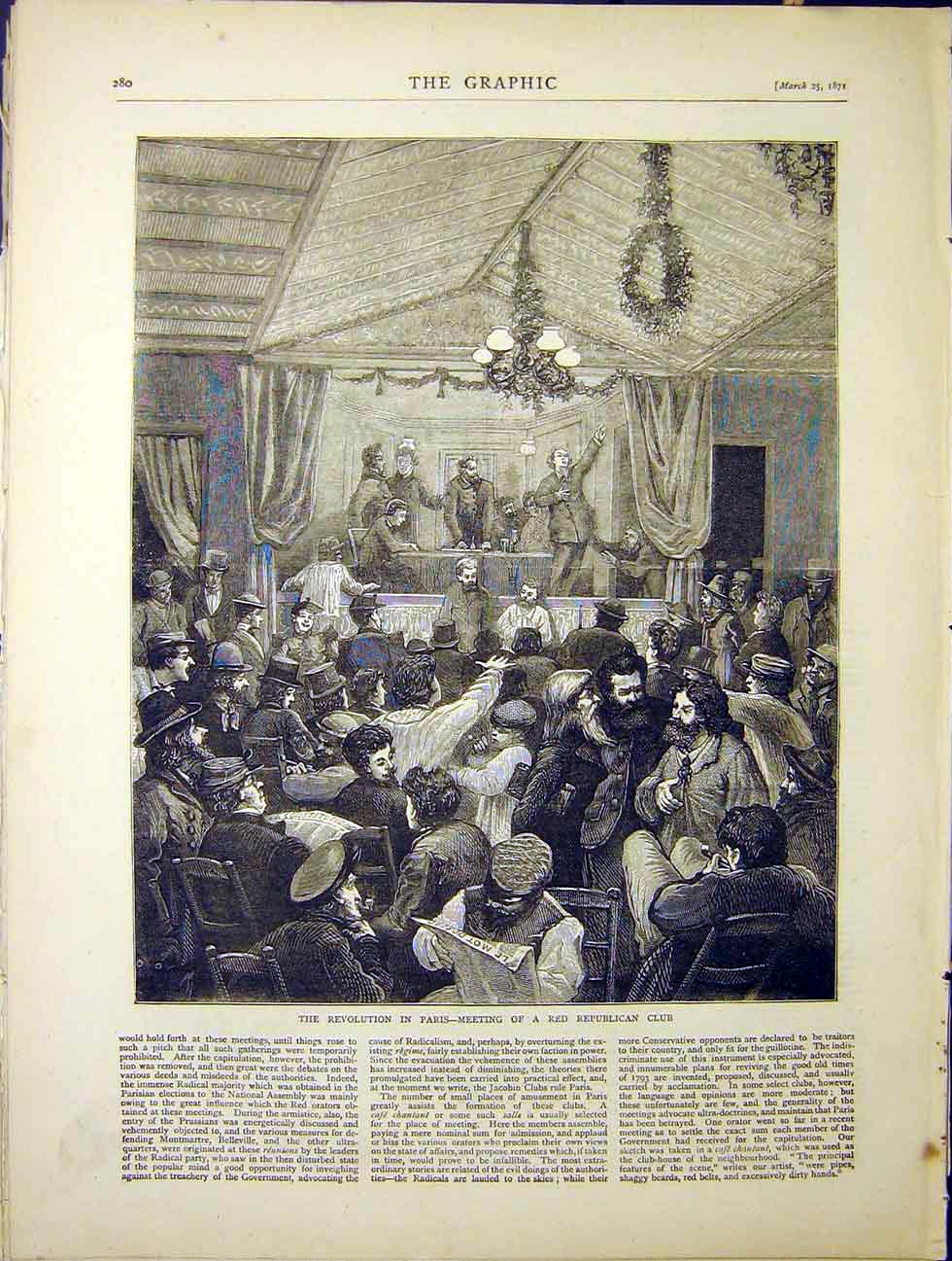 Original Old Antique Print Revolution Paris Red Republican Club France 1870 19th