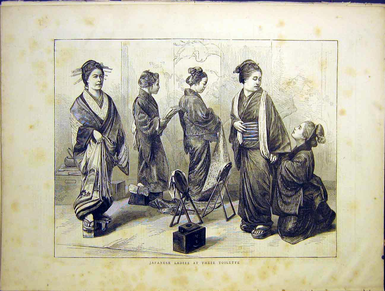 Original Old Antique Print Japanese Ladies Toilette 1870 19th Century