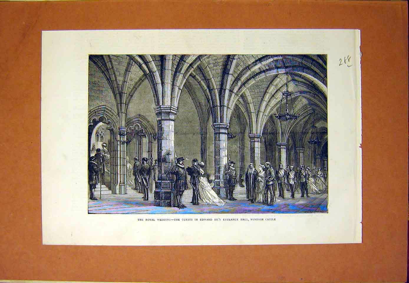 Original Old Antique Print Royal Wedding Guests Edward Hall Windsor Castle 1870