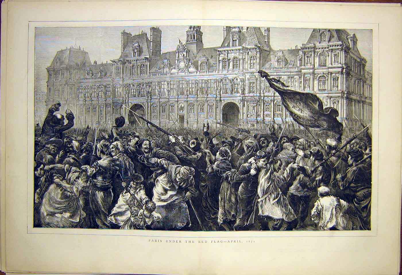 Original Old Antique Print Paris Red Flag France French 1870 19th