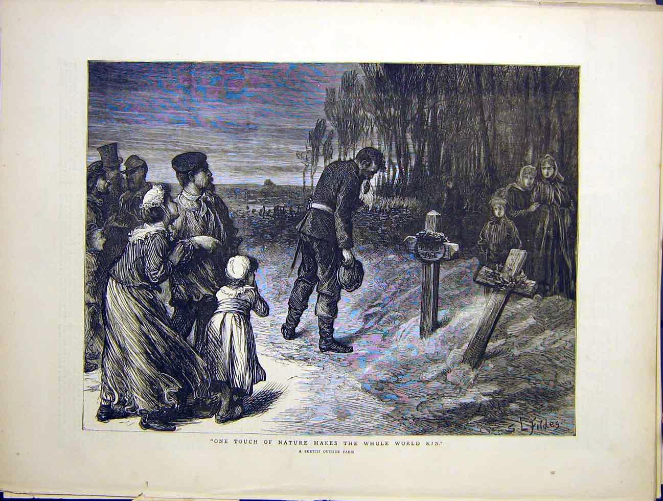 Original Old Antique Print Nature Touch Kin Sketch Paris France War 1870 19th