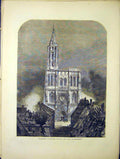 Original Old Antique Print Strasburg Cathedral Bombarment 1870 19th