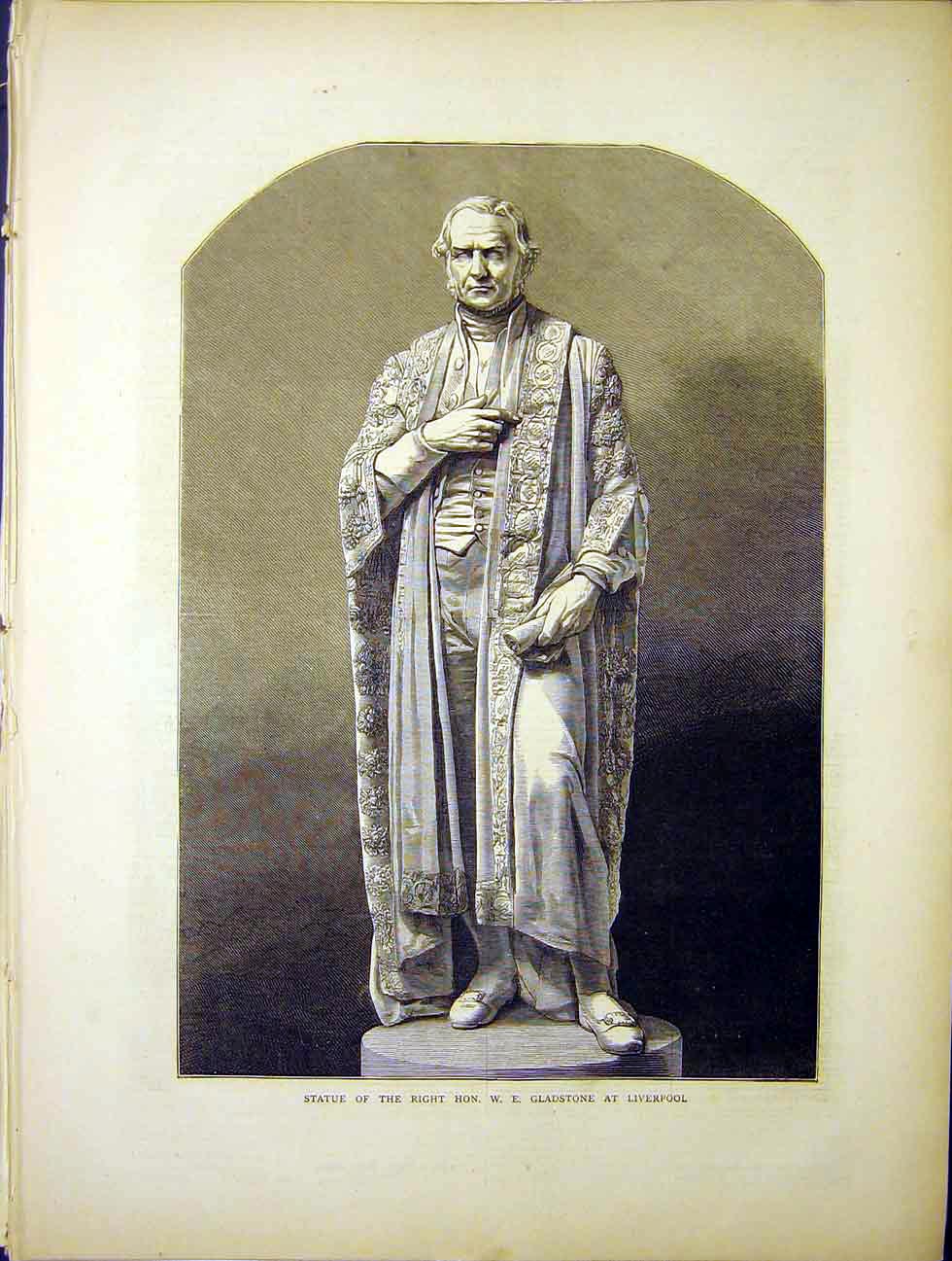 Original Old Antique Print Statue Gladstone Liverpool 1870 19th