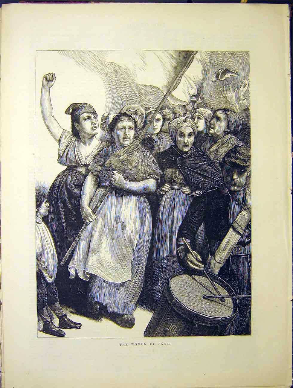 Original Old Antique Print Paris Women France Procession 1870 19th