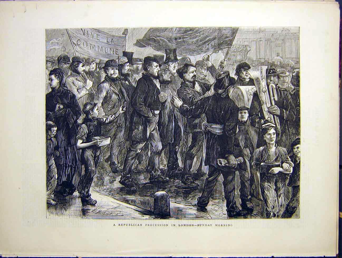 Original Old Antique Print Republican Procession London Sunday Morning 1870 19th