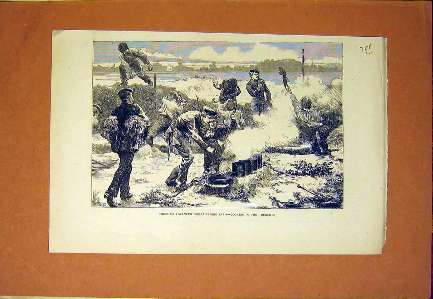 Original Old Antique Print Prussian Advanced Works Paris Cooking Trenches 1870