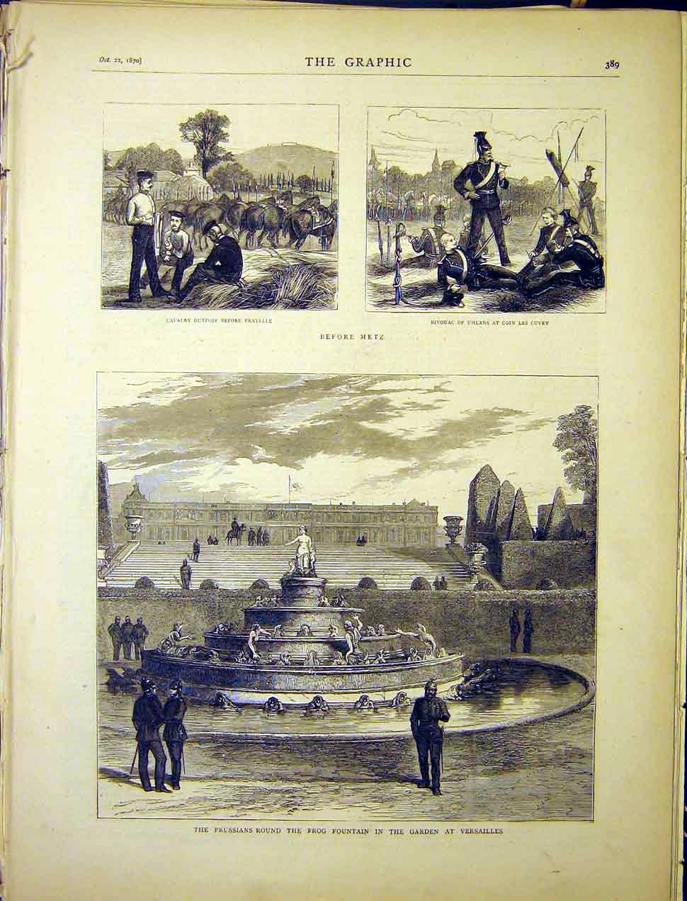 Original Old Antique Print Prussians Frog Fountain Garden Versailes France 1870