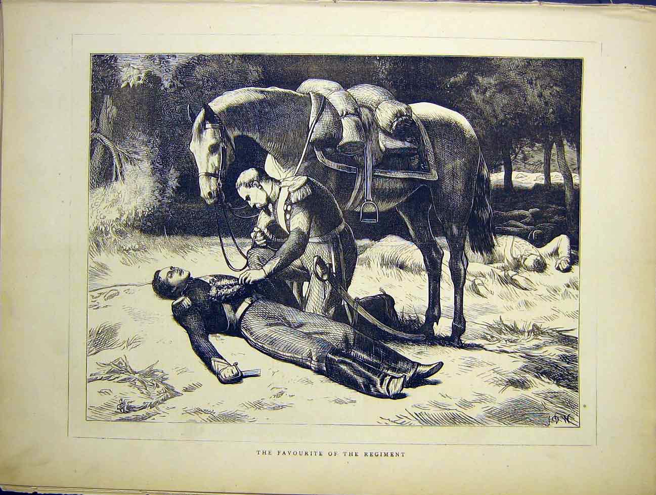 Original Old Antique Print Favorite Regiment Sier Dead Horse Friend 1870 19th